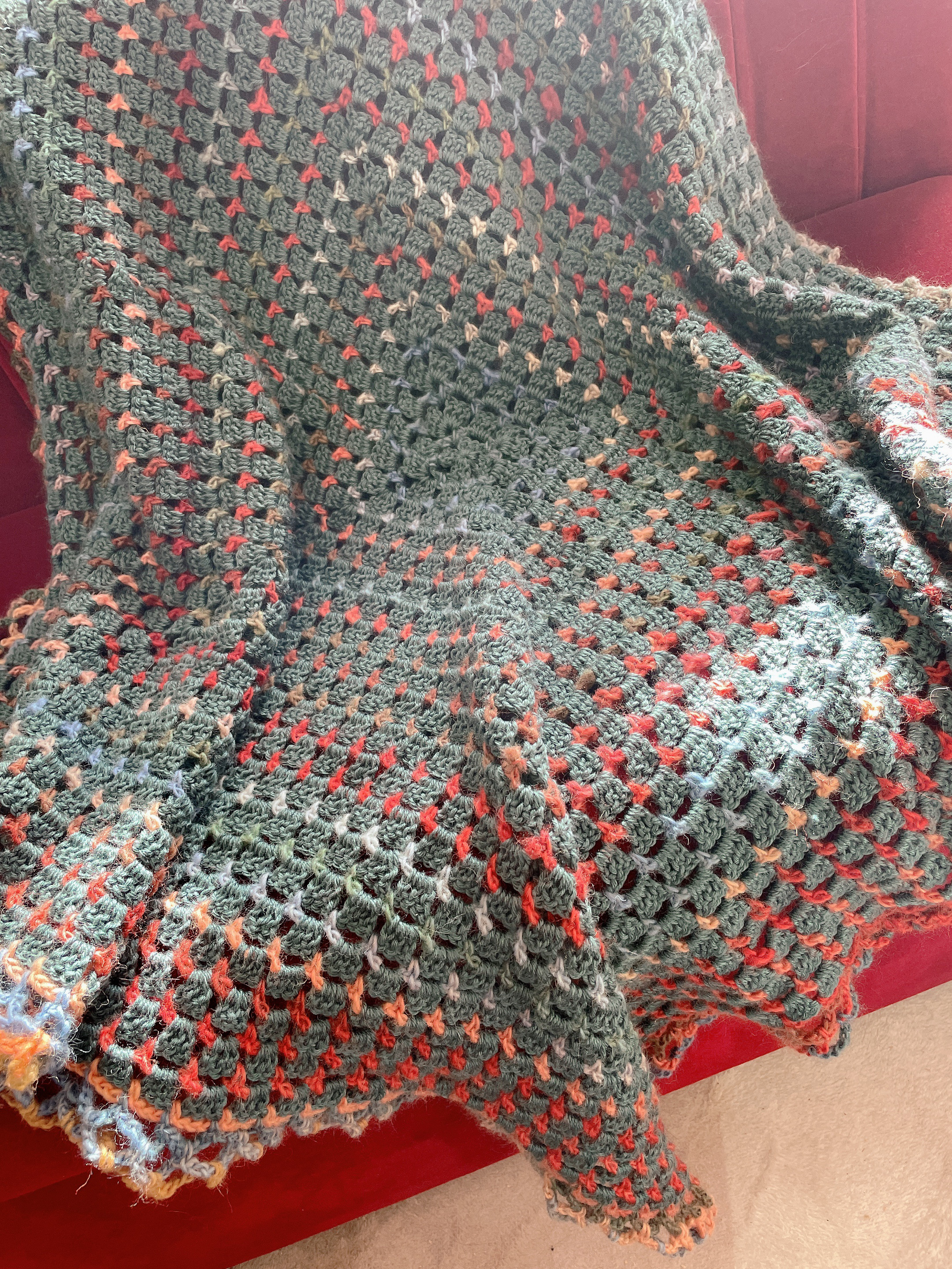 薔薇モチーフ 手編み ひざ掛け ブランケット ブルー 水色 ウール