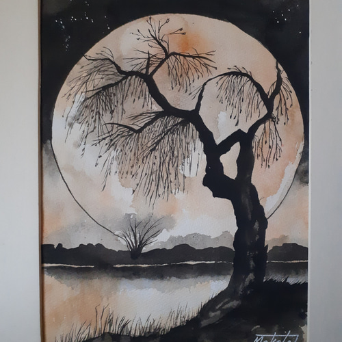 水彩画 月明かりに照らされた森 絵画 makochin 通販 17195020