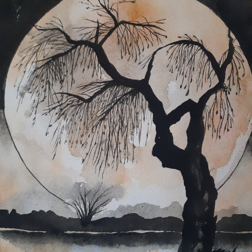 水彩画 月明かりに照らされた森 絵画 makochin 通販 17195020