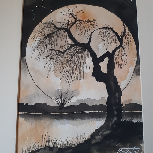 絵画 水彩画 2023.5.17 高島市鹿ケ瀬集落で田植えを終えた水田越しの民家を