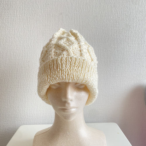 ひし形アラン模様のニット帽子 フリーサイズ 白 ニット帽・ビーニー