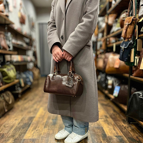 【數量有限】英倫設計牛皮手提包手袋迷你波士頓皇家棕色 第10張的照片