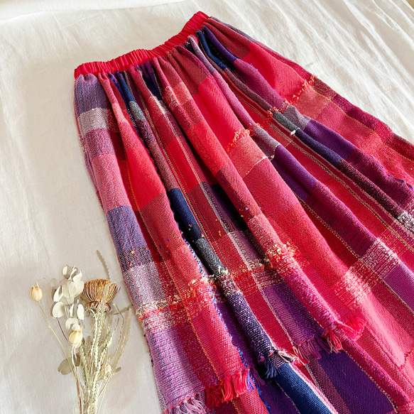 1点もの❣️手織り 個性的 さをり織り ギャザースカート 生地 Yiori  