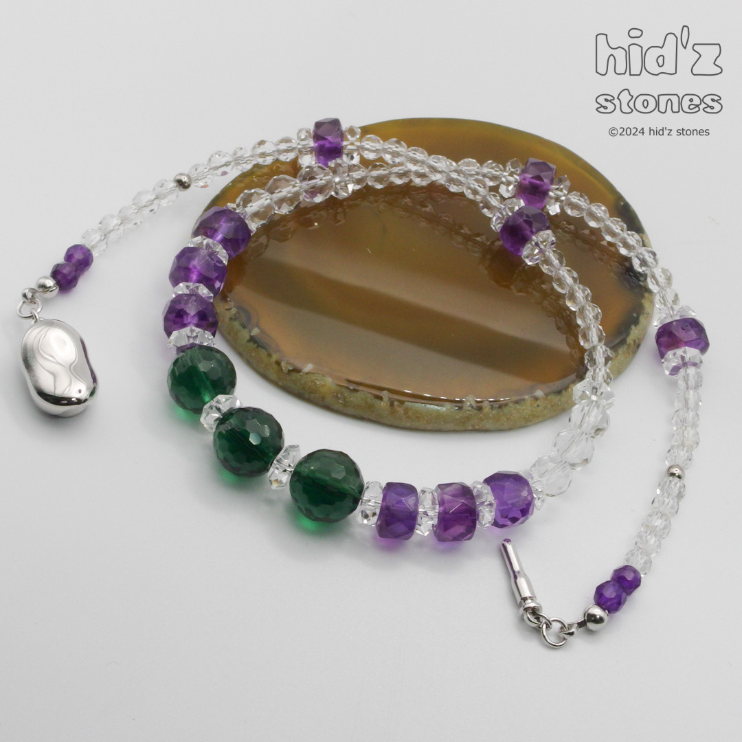 ◆一点もの天然石ネックレス:BeSC-009【ビーンズクラスプ】グリーンクォーツ・アメジスト・クリスタルクォーツ