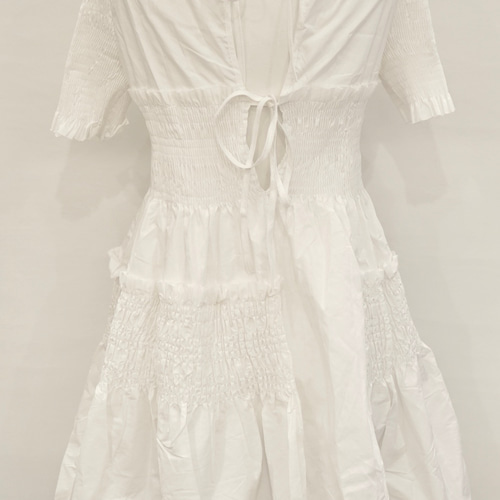 White Cotton Shirring Flare Onepiece ミニ丈ワンピース ホワイト 白