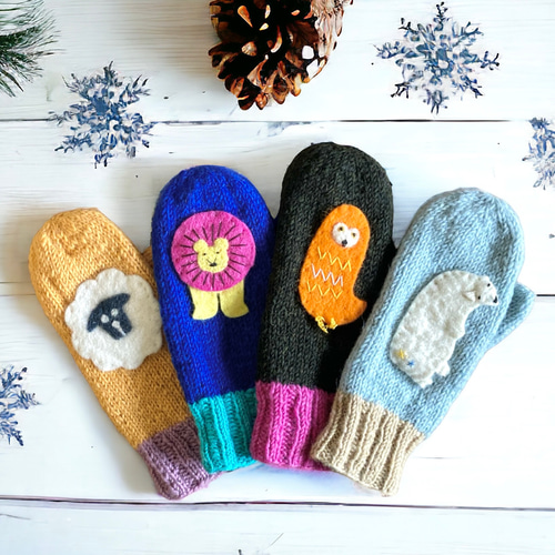 ③送料無料♪エスニック ネパール ウール手編みミトン手袋 ハンド