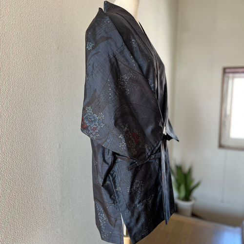 本場大島紬 作務衣 着物リメイク 牡丹花鳥風月 素敵な貴方のお洒落上衣  