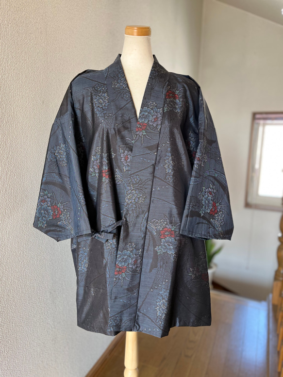 本場大島紬作務衣着物リメイク牡丹花鳥風月素敵な貴方のお洒落上衣
