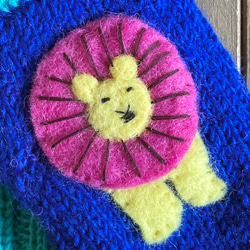 送料無料♪⑧エスニック ネパール ウール手編み 指なし手袋 ハンドウォーマー グローブ アニマルパッチ 動物柄 ライオン 5枚目の画像