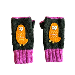送料無料♪⑧エスニック ネパール ウール手編み 指なし手袋 ハンドウォーマー グローブ アニマルパッチ 動物柄 フクロウ 2枚目の画像