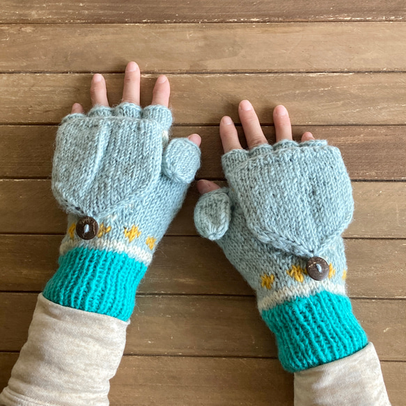 送料無料♪⑫エスニック 2WAY ウール手編みミトン 指なし手袋 ハンドウォーマー グローブ チマヨ柄 オルテガ ブルー 7枚目の画像