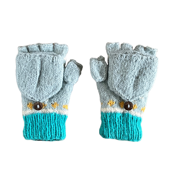 送料無料♪⑫エスニック 2WAY ウール手編みミトン 指なし手袋 ハンドウォーマー グローブ チマヨ柄 オルテガ ブルー 2枚目の画像