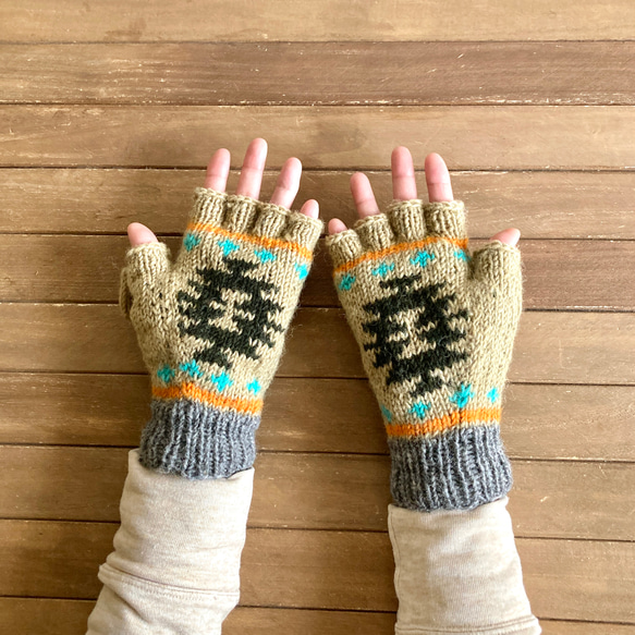 送料無料♪⑫エスニック 2WAY ウール手編みミトン 指なし手袋 ハンドウォーマー グローブ チマヨ オルテガ ベージュ 8枚目の画像