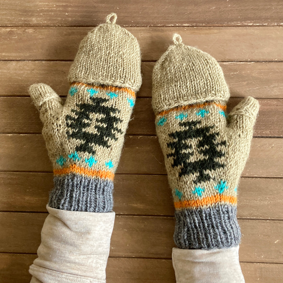 送料無料♪⑫エスニック 2WAY ウール手編みミトン 指なし手袋 ハンドウォーマー グローブ チマヨ オルテガ ベージュ 15枚目の画像