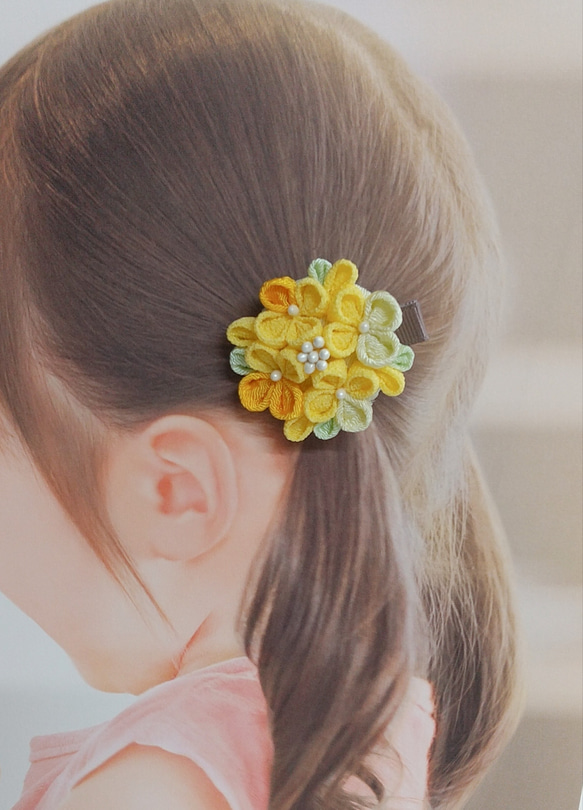 ☆つまみ細工の菜の花ヘアクリップ☆初節句　ひな祭り　初節句　お食い初　七五三など　カラー5色展開　ベビーから大人の方にも 1枚目の画像