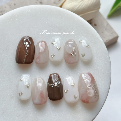 60 淡色 もやもや ニュアンス ネイルチップ ハート ピンク ブライダル  