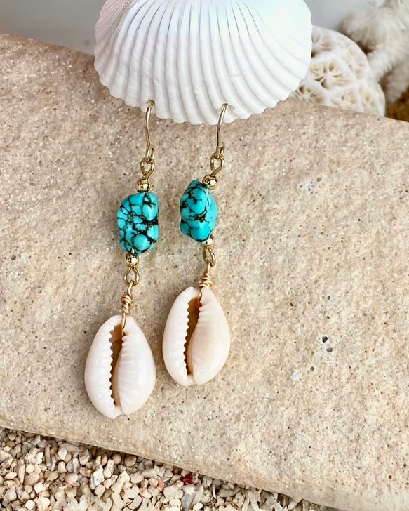 タカラガイ×大粒ターコイズピアス SHELOOMオリジナル ピアス（フック