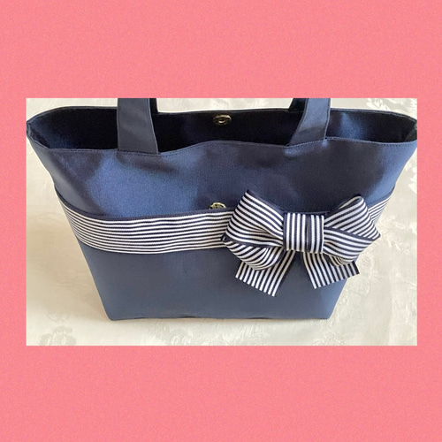 軽くて丈夫なナイロンリボンバッグSS 自立 お散歩 紺ストライプ