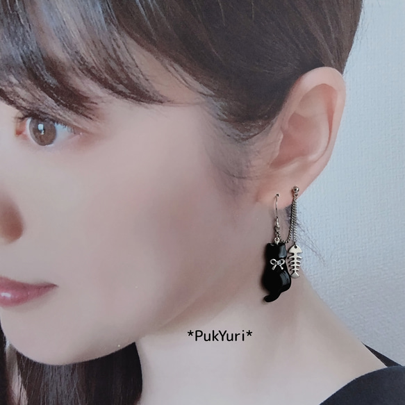 リボン猫の2ホールピアス/ノンホールピアス/イヤーカフ/樹脂ピアス/軟骨ピアス/2連ピアス 13枚目の画像