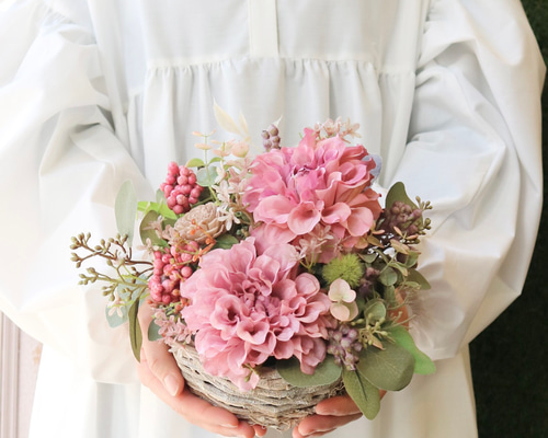 フラワーガーデンバスケット くすみピンク インテリア 結婚祝い