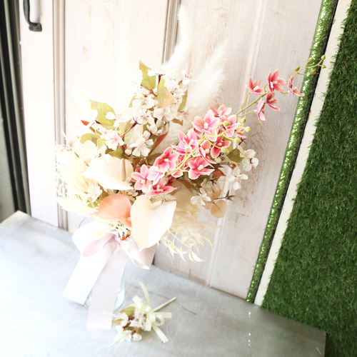 人気カラーのブーケ ブートニア付き 桜 蘭 結婚式 パーティー