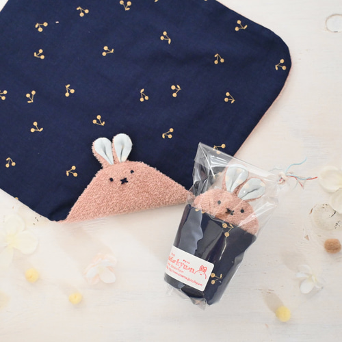 名入れ可♪うさちゃん大判タオルハンカチ♡（くすみピンク