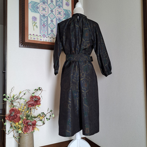 ☆ 着物リメイク/大島紬/一点もの/ラグランスリーブ/ハイネックワンピ