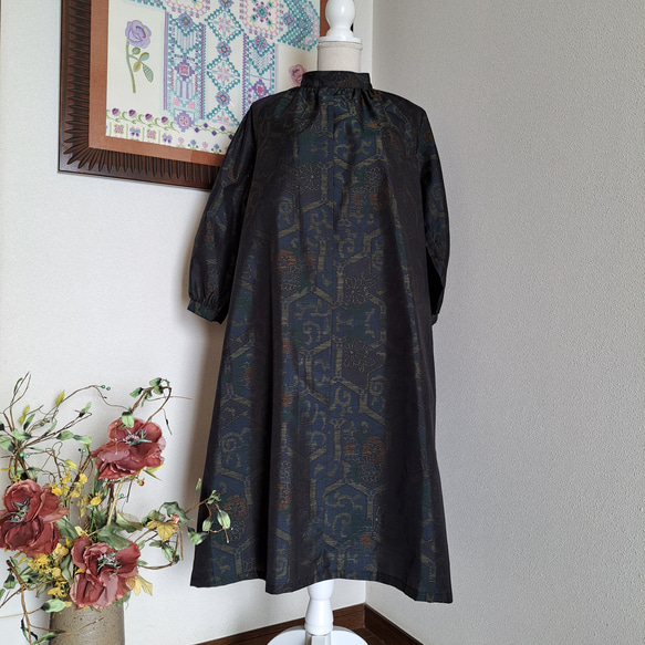 ☆ 着物リメイク/大島紬/一点もの/ラグランスリーブ/ハイネックワンピ