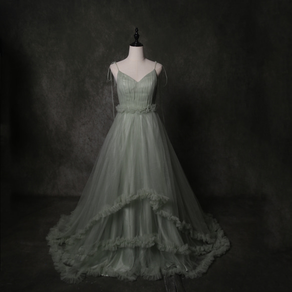 送料無料！カラードレス 2次会/合コン/デート グリーン ラッフルフリル  