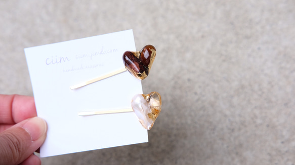 Valentine 限定　heart hair pin set /Tiger eye 、淡水pearl ルチルクォーツ 2枚目の画像