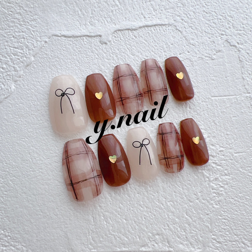 チェック×リボン ネイルチップ No.75 赤チェック×リボン ネイルチップ | minails