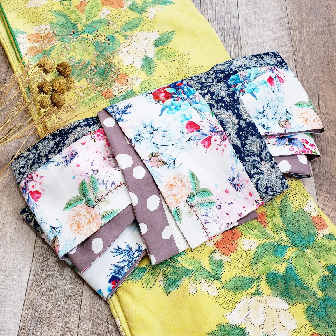 【MIX半幅帯】ビビッドボタニカルに水玉レース/ネイビー 紫  花柄⭐送料込み⭐