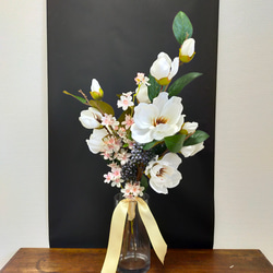 桜とマグノリアのロングブーケ／アーティフィシャルフラワー 桜ハンドメイド2024 1枚目の画像