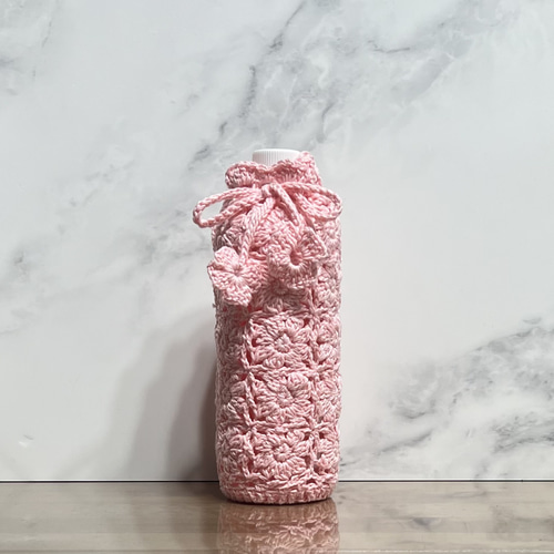 ペットボトルカバー　輸入生地　薔薇柄/ピンク　本革持ち手　ハンドメイド 8abb0ad9e7a15ab5b1b690cc119f44