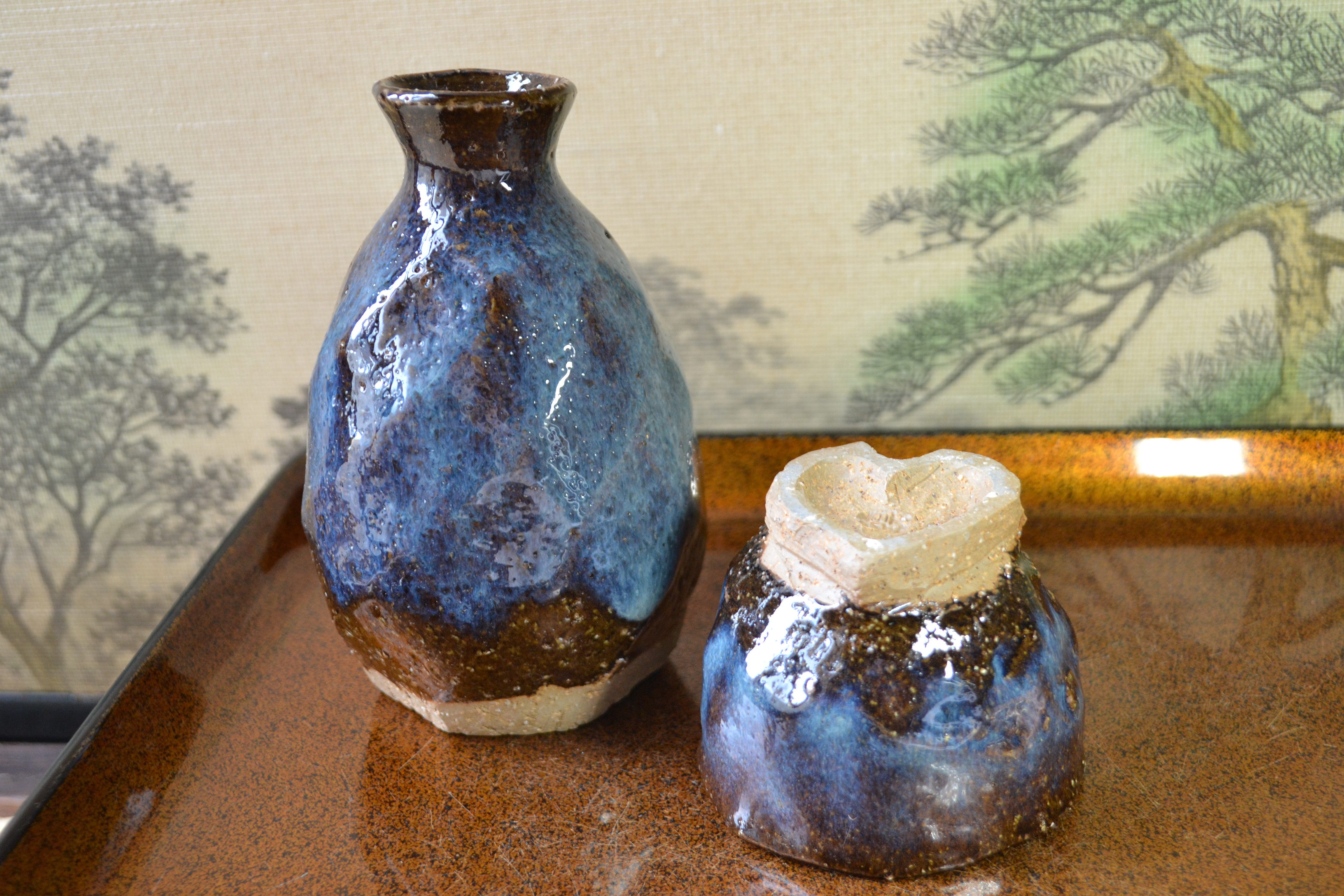 【コレクション！】◆徳利酒器セット(鬼萩コスモブルー)ハート　＊徳利　お猪口　★萩焼　陶器