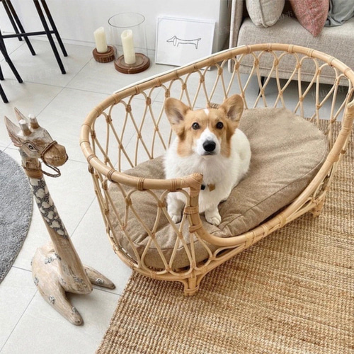 高級天然藤 手編みラタンベッド 北欧風犬用ベッド 猫用ベッド