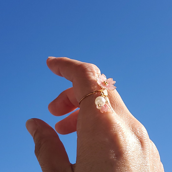 花びらとパールが揺れる桜のリング(フリーサイズ) 〔No.111〕フォークリング 12枚目の画像