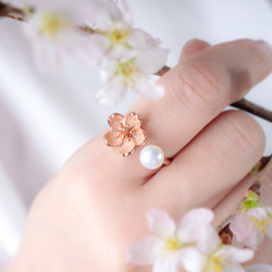 満開の桜と淡水パールのリング　フォークリング　桜　桜色　花 5枚目の画像