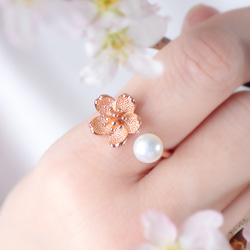 満開の桜と淡水パールのリング　フォークリング　桜　桜色　花 1枚目の画像