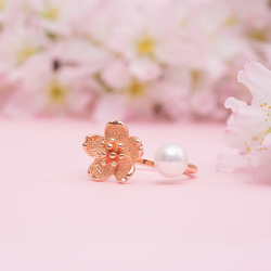 一輪の桜と淡水パールのリング　フォークリング　ピンクゴールド　桜 4枚目の画像