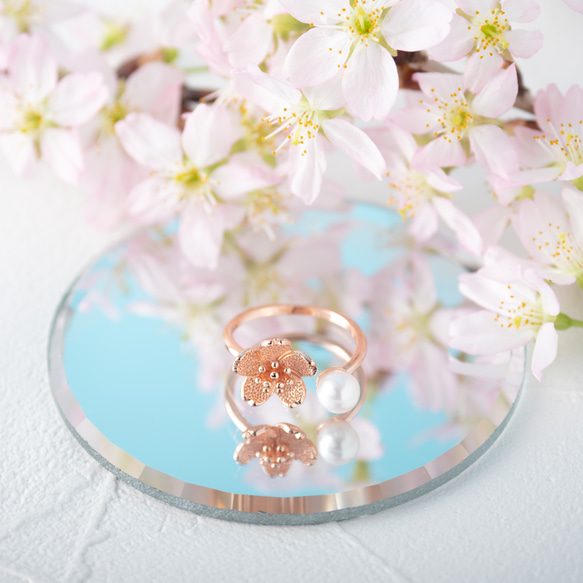 一輪の桜と淡水パールのリング　フォークリング　ピンクゴールド　桜 6枚目の画像
