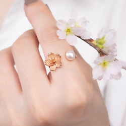 一輪の桜と淡水パールのリング　フォークリング　ピンクゴールド　桜 2枚目の画像