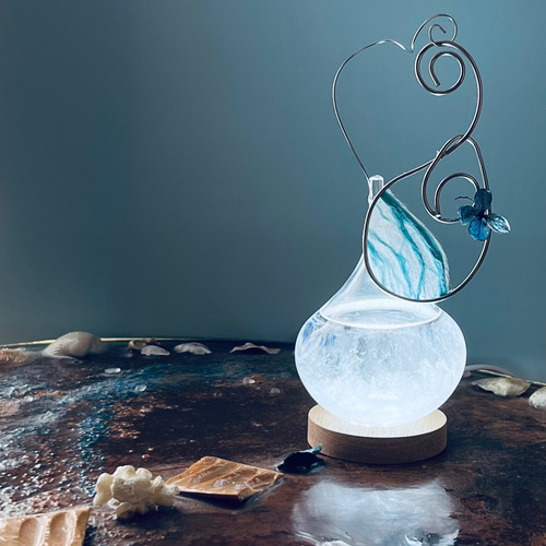 高品質　水晶　雫　ドロップ　スタンド付き 日本和紙と結晶/が描くストームグラス 雫ライト◇雨あがり：紫陽花