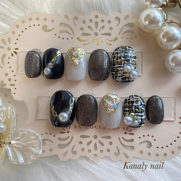 オーダー制】 黒 ブラック ツイード ツイードネイル ネイルチップ  