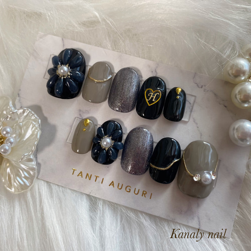 オーダー制】 黒 ブラック ぷっくり フラワー ぷっくりネイル マクド