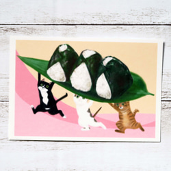 クロとモネのほっこりイラスト♡　ポストカード3枚セット　鏡開き・おむすびの日・甘酒の日 3枚目の画像