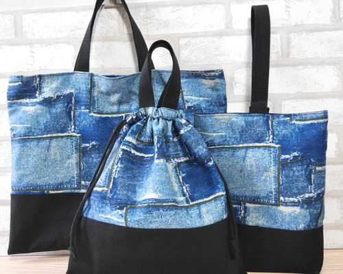 デニムパッチ（ブルー）×ブラック⭐︎入園入学3点セット No.2410