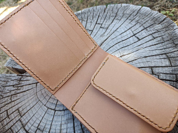 本革 二つ折り財布 ウォレットロープ用ハトメ穴付き ヌメ革 Bi-fold wallet 7枚目の画像