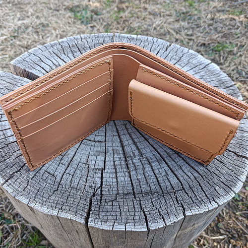 ウォレットロープ付き本革二つ折り財布 ヌメ革 Bi-fold wallet 二  
