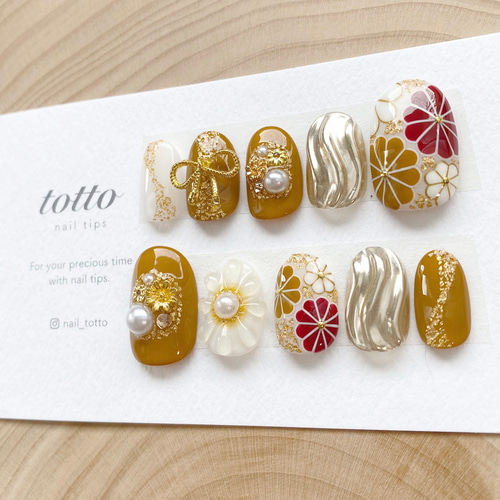 成人式ネイル/マスタード/リボン/からし色/振袖ネイル/和柄ネイル/袴